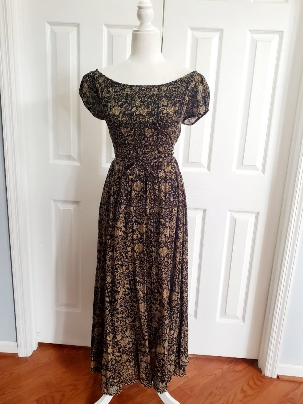 Free People Black Brown Floral Maxi Dress Boho Off Shoulder Open Back Cotton - Picture 2 of 16